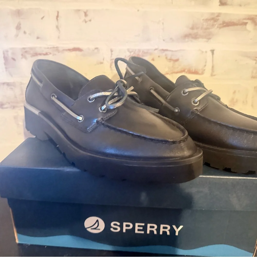 Sperry Women's Black Leather Lug Boat Shoes Top Sider Chunky Boat Black Size 9 - Picture 7 of 9